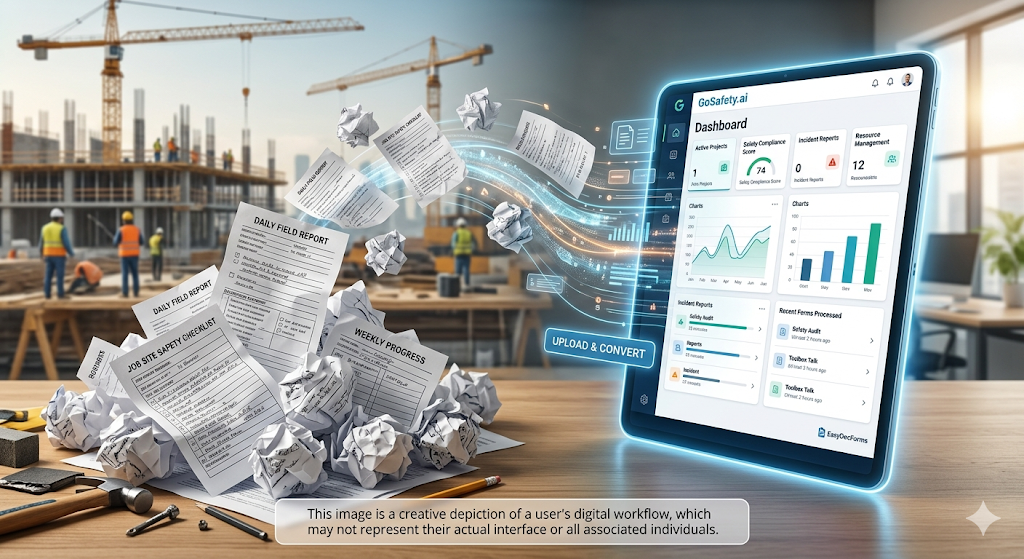 Illustration of paper construction forms being converted into a digital dashboard.